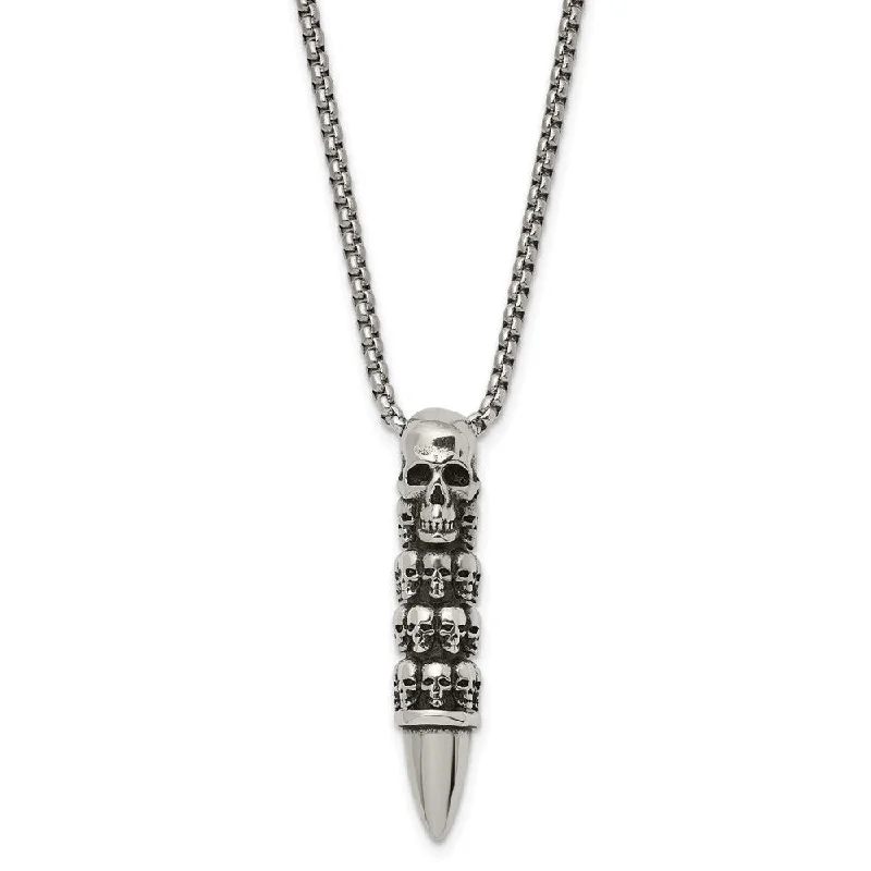 Silver Necklace for Everyday Wear-Men's Stainless Steel Skull Totem Bullet Necklace, 25.5 Inch