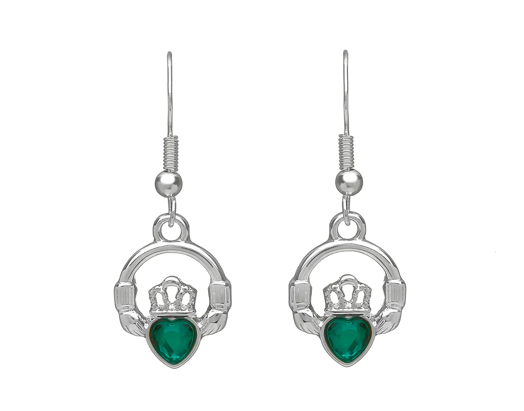 Fashion Earrings for Casual Wear-Claddagh Silver Plated Drop Earrings with Green Stone Accent by Woods Celtic Jewllery