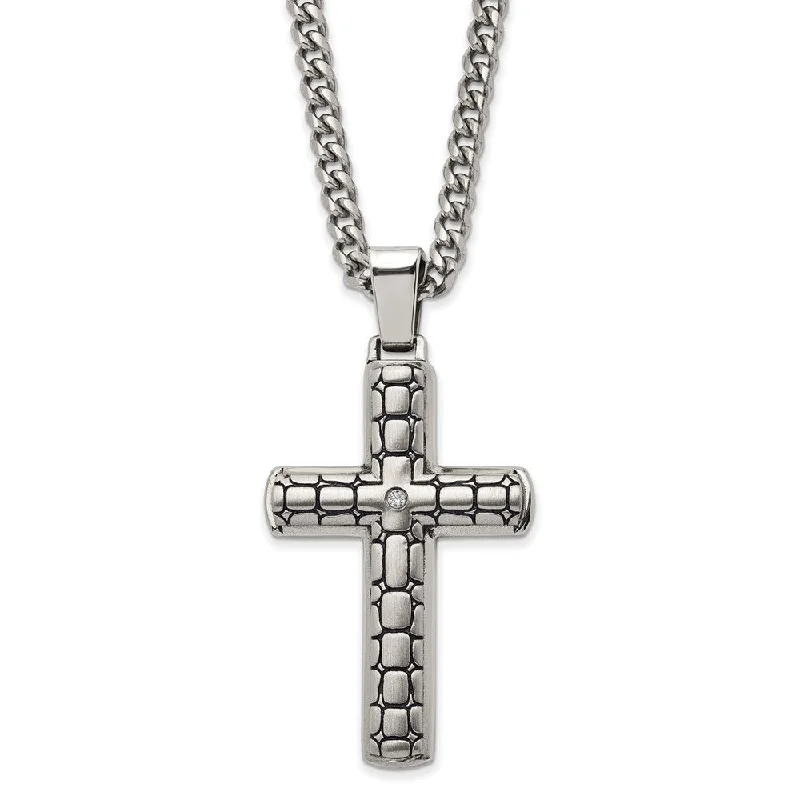 Boho Necklace for Casual Look-Stainless Steel CZ Antiqued Brushed Cobblestone Cross Necklace, 24 In