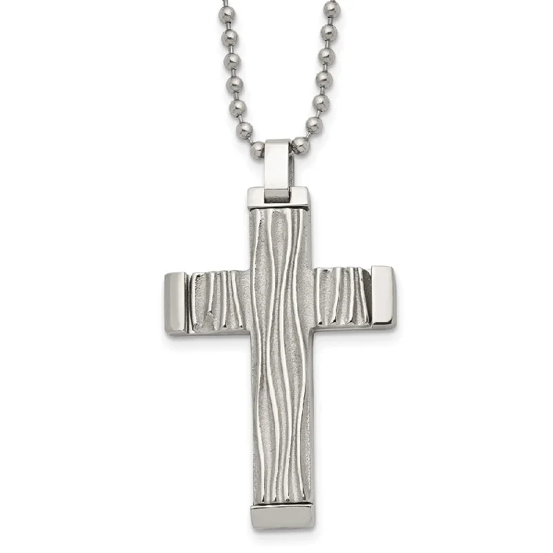 Sparkling Silver Necklace for Special Events-Men's Stainless Steel Textured Wave Design Cross Necklace, 22 Inch