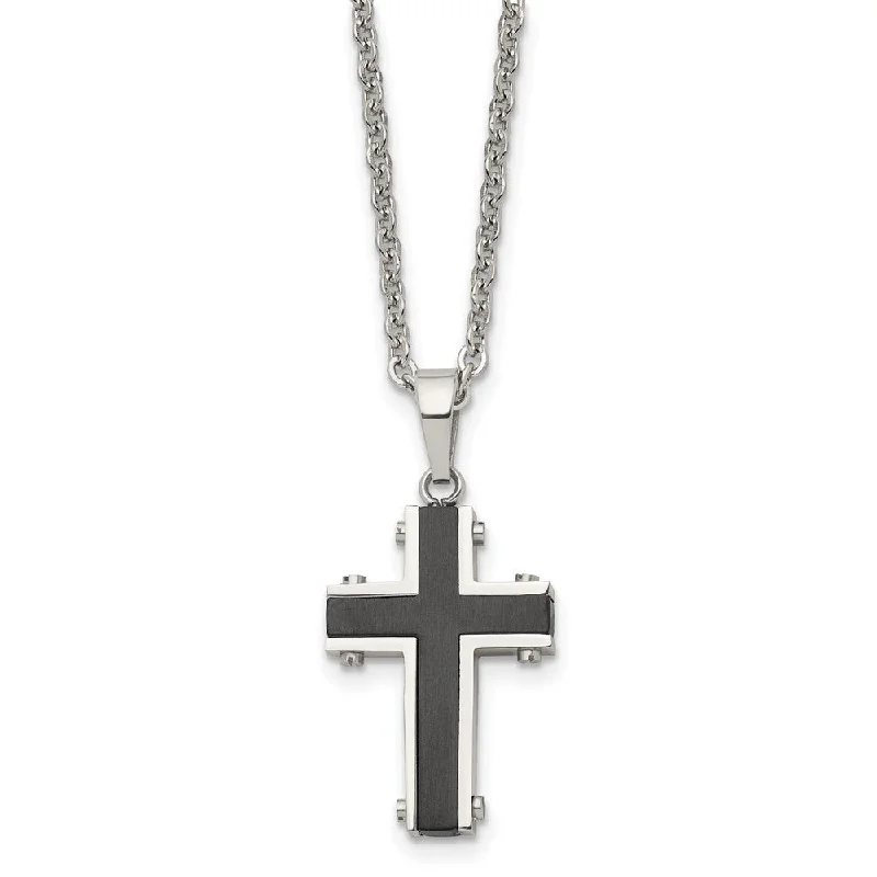 Colorful Gemstone Necklace-Men's Stainless Steel & Black Plated Small Cross Necklace, 22 Inch