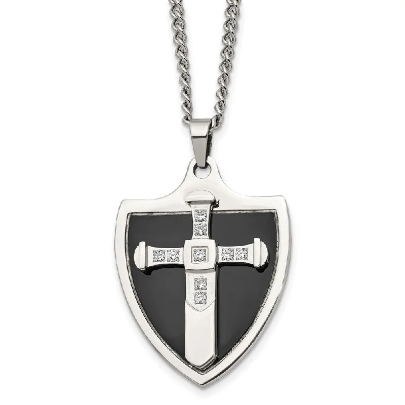 Elegant Silver Necklace for Formal Occasions-Mens Stainless Steel, Black Plated & CZ Cross Shield Necklace, 24 Inch