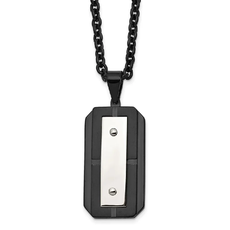 Crystal Necklace for Special Occasions-Stainless Steel Two Tone Brushed & Polished Dog Tag Necklace, 24 Inch