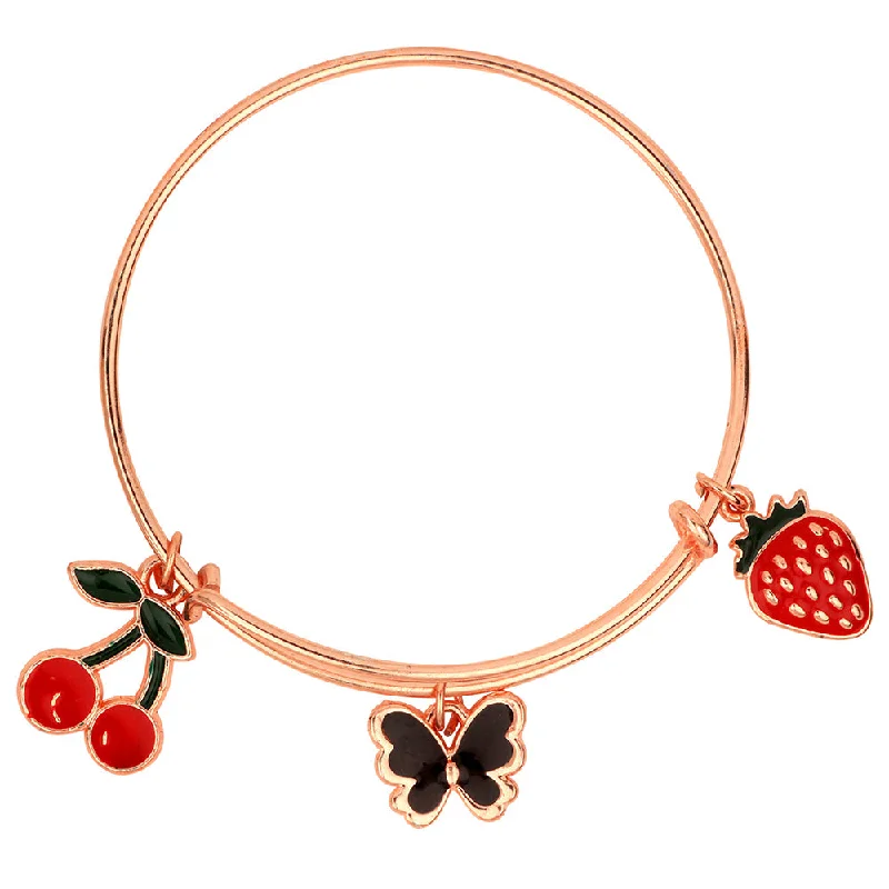 Adjustable Bangles for Comfort-Mahi Cherry, Strawberry & Butterfly Shaped Rose Gold Plated Enamel Work Charms Bracelet for Girls (BRK1100864Z)