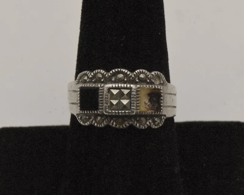 Custom Engagement Ring with Diamonds-Vintage Art Deco Sterling Silver Black Onyx and Marcasite Ring - Size 8.5 - MISSING STONE