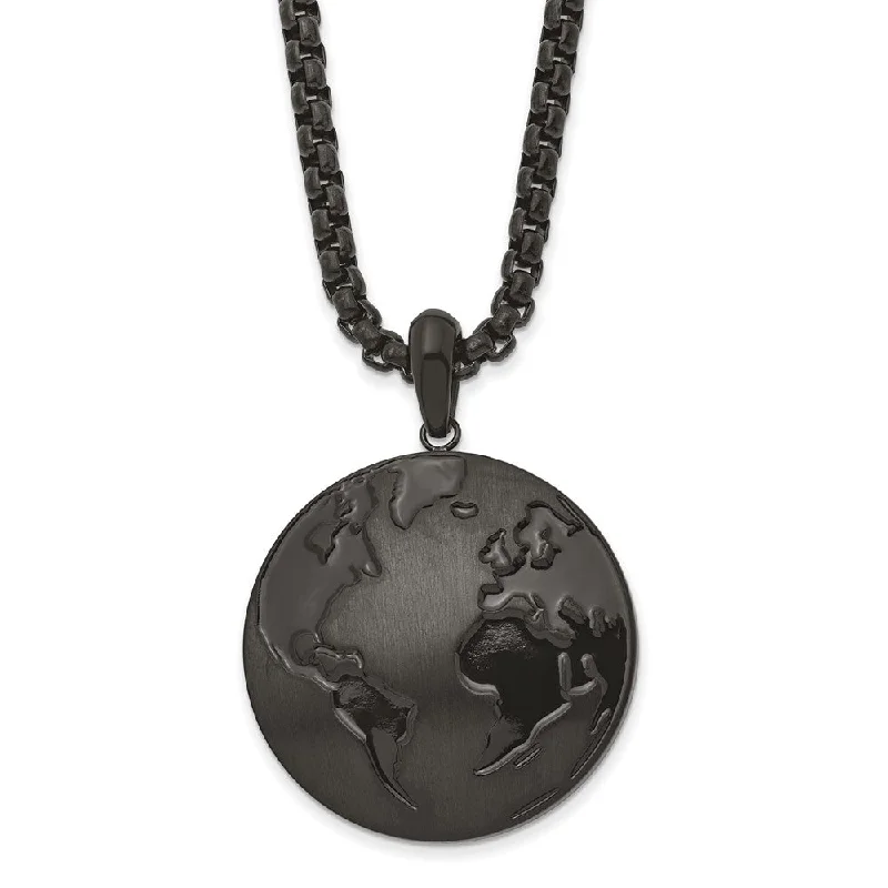 Chain Necklace with Pendant for Women-Men's Black Plated Stainless Steel 29mm Earth Necklace, 24 Inch