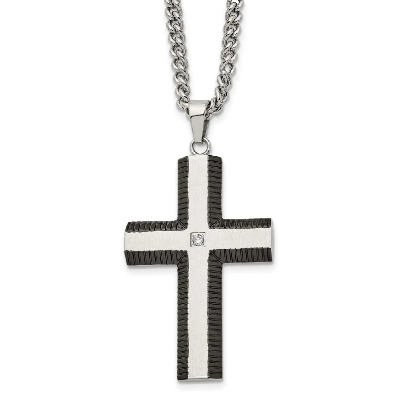 Luxurious Diamond Necklace-Stainless Steel, Black Plated & CZ Brushed Cross Necklace, 22 Inch