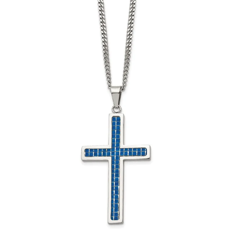 Modern Gemstone Necklace for Every Day-Stainless Steel & Blue Carbon Fiber Large Cross Necklace, 22 Inch