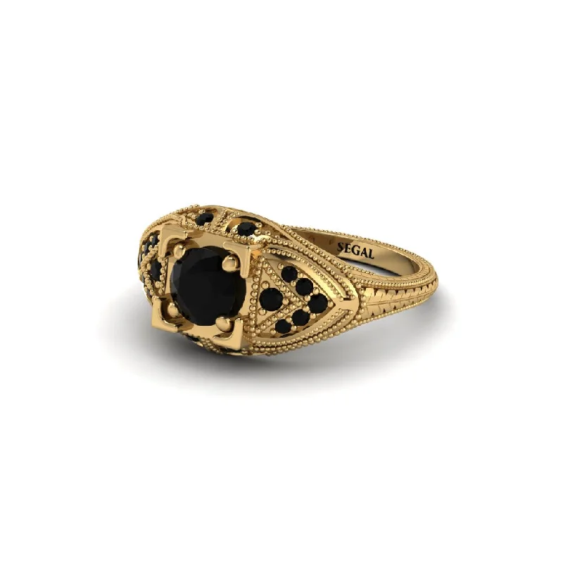 Boho Chic Ring for Casual Wear-Round Black Diamond Filigree Art Deco Vintage Engagement Ring - Bree No. 37