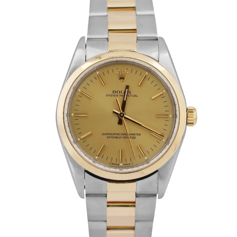 Men's Sporty Watches with Digital Display-Rolex Oyster Perpetual Champagne Two-Tone 18K Yellow Gold Steel 34mm 14203 Watch