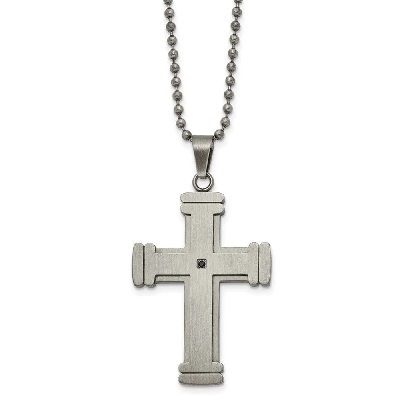 Simple Chain Necklace for Men-Stainless Steel & Black CZ Antiqued Brushed Cross Necklace, 22 Inch