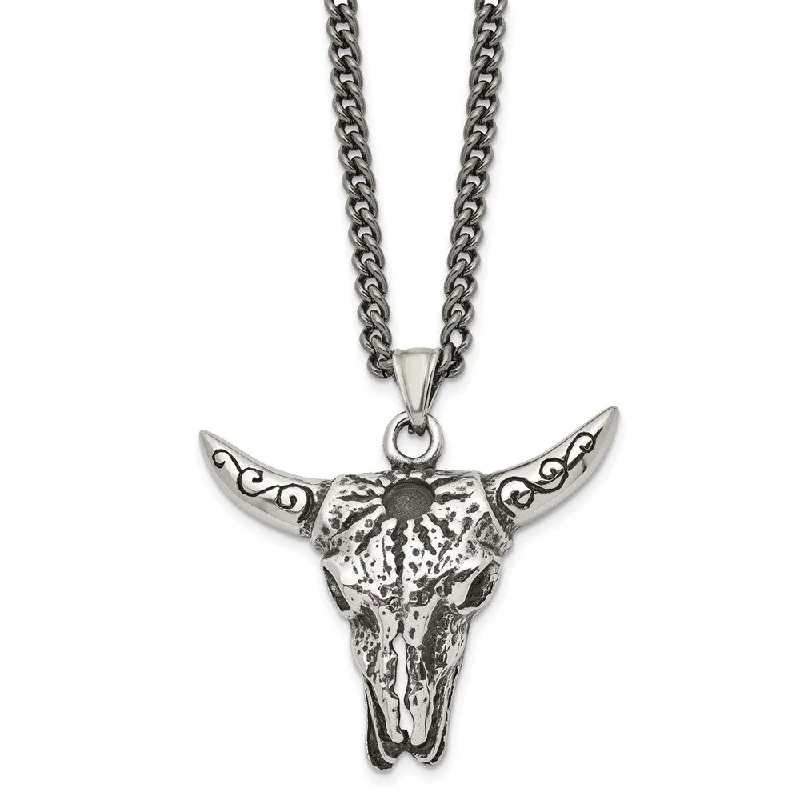 Gemstone Pendant Necklace for Women-Men's Stainless Steel Antiqued XL Steer Skull Necklace, 20 Inch