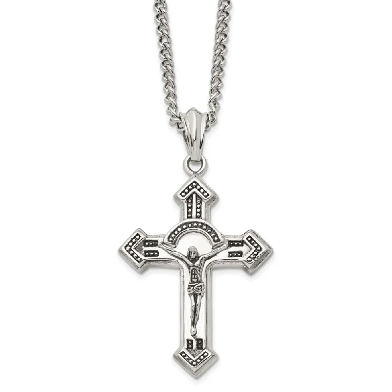 Simple Gold Pendant Necklace-Men's Stainless Steel Large Antiqued Crucifix Cross Necklace, 24 Inch