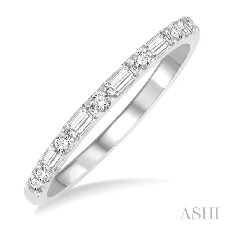 Beautiful Gold Ring with Gemstones-1/3 Ctw Alternating Baguette and Round Cut Diamond Wedding Band in 14K White Gold