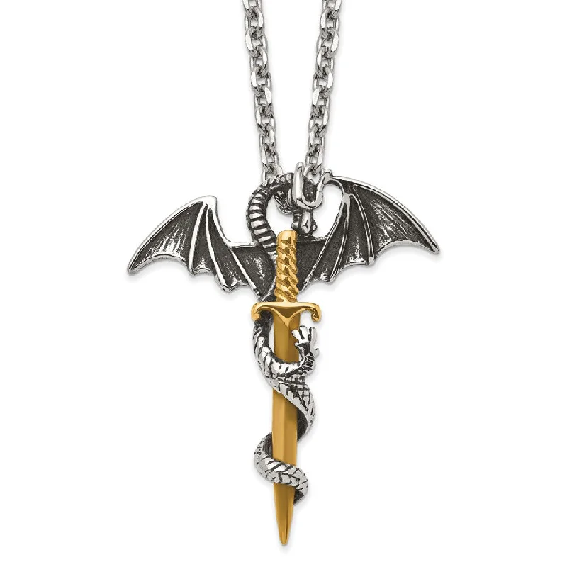 Personalized Name Pendant Necklace-Stainless Steel & Gold Tone Plated Large Dragon Sword Necklace, 24 In