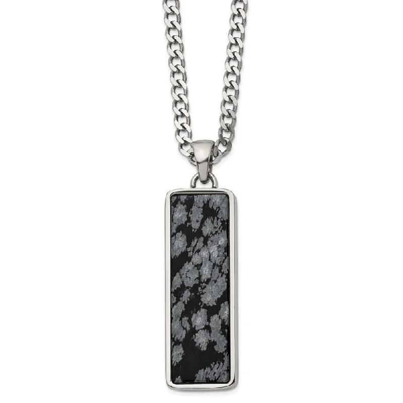 Long Pendant Necklace-Men's Stainless Steel & Alabaster Stone Rectangle Necklace, 22 Inch