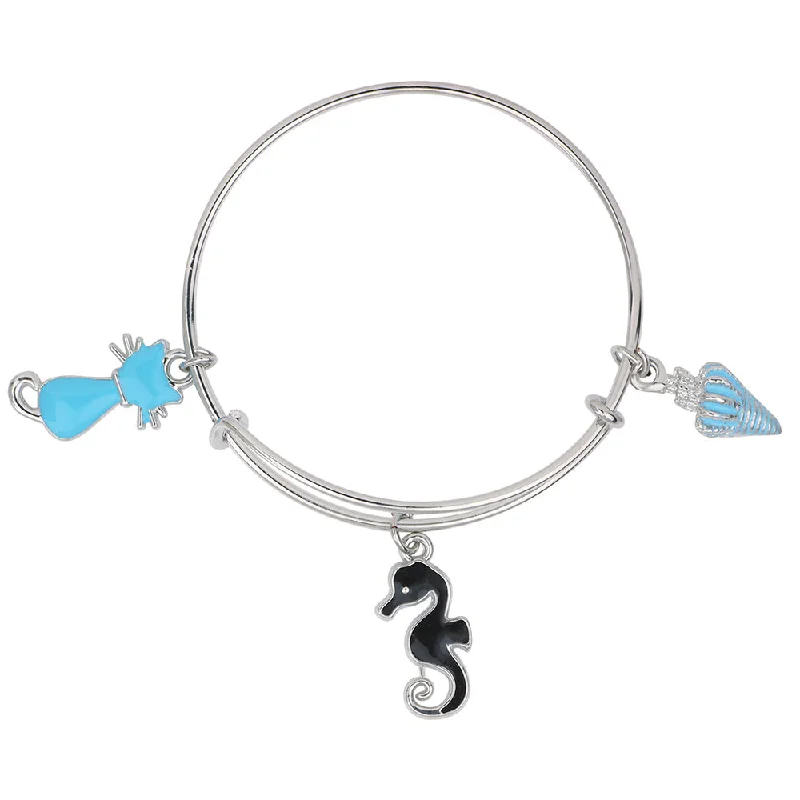 Custom Birthstone Bangles for Gifts-Mahi Cat & Sea Horse Shaped Enamel Work Charm Bracelet with Rhodium Plated for Girls (BRK1100876R)