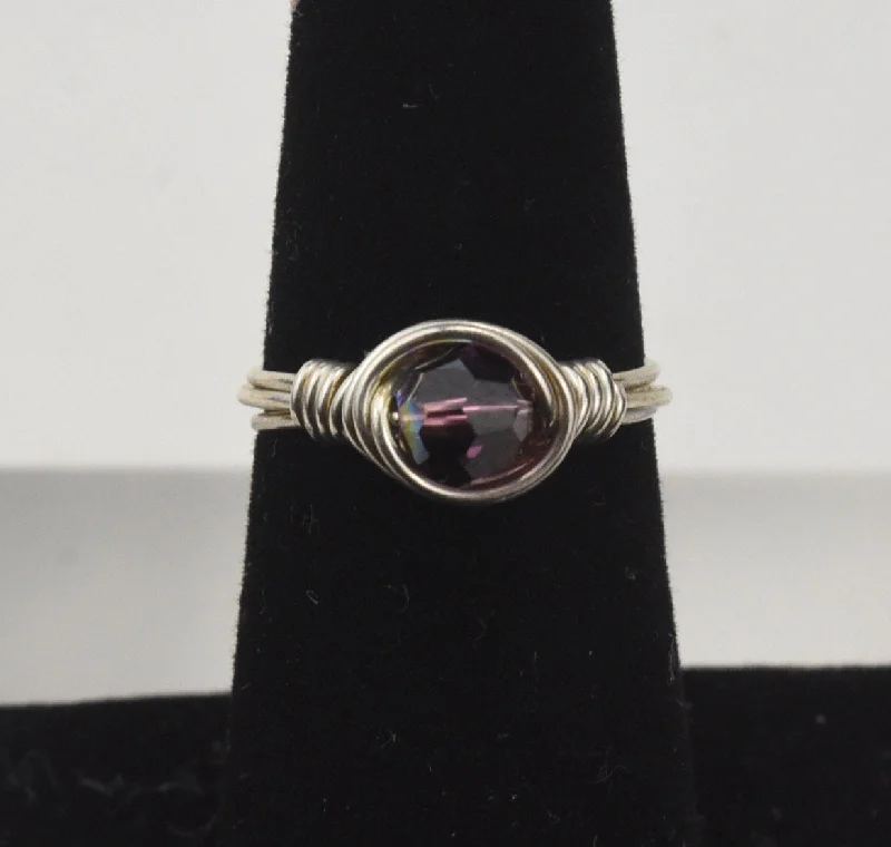 Gold Promise Ring for Engagement-Silver Wire Wrapped Purple Bead Ring - Size 6