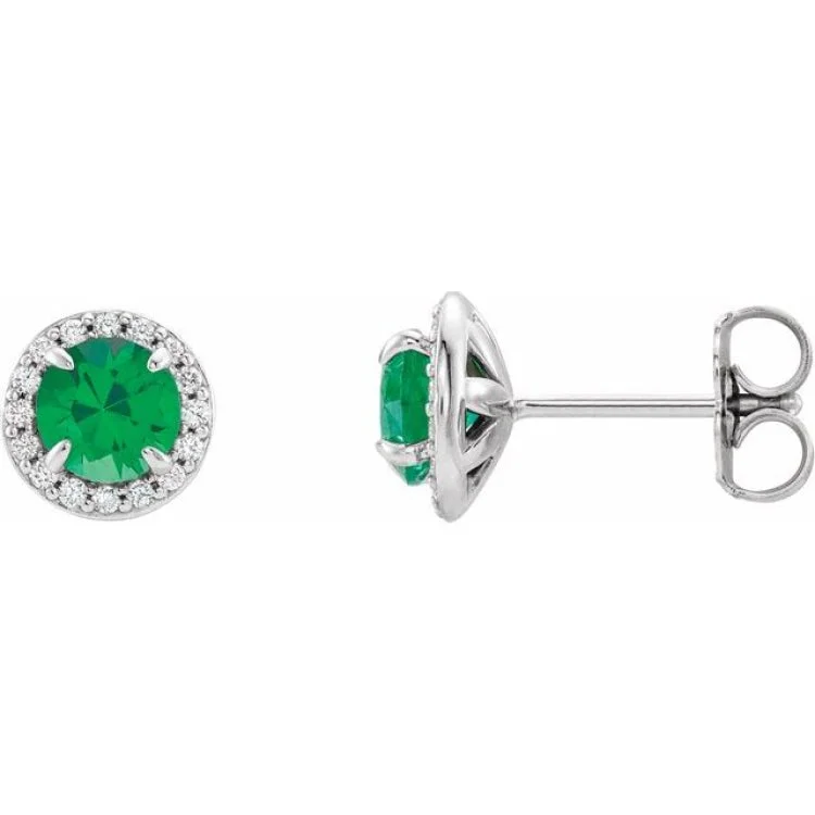 Statement Earrings for Girls-14K White 3.5 mm Round Emerald & 1/8 CTW Diamond Earrings