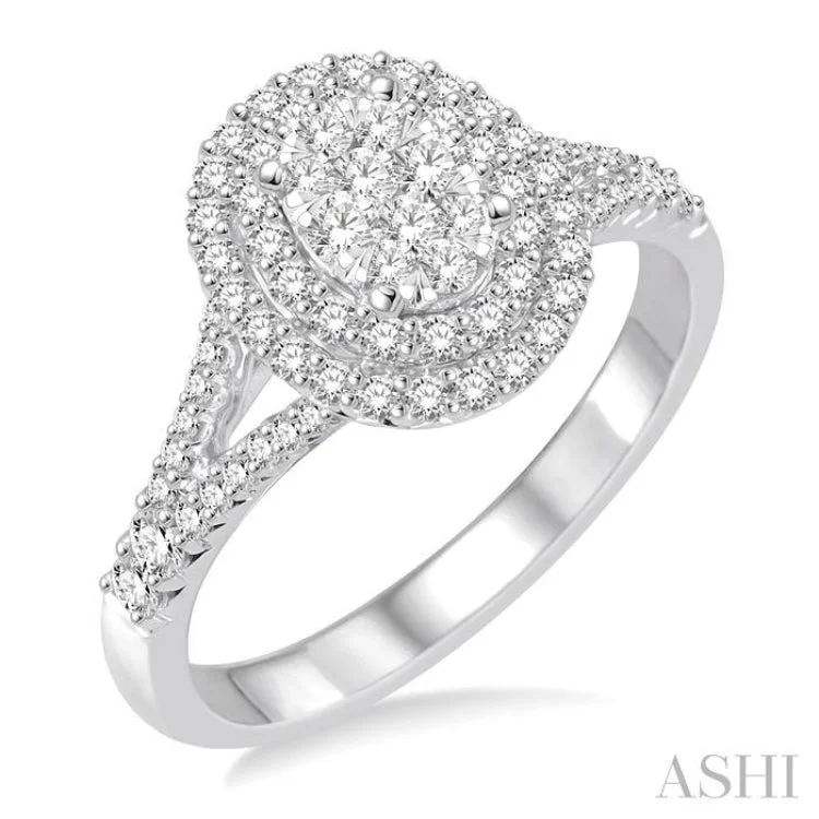 Designer Engagement Ring with Diamonds-3/4 Ctw Oval Shape Diamond Lovebright Diamond Ring in 14K White Gold