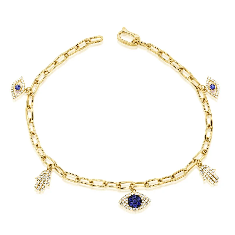 Adjustable Bracelet for Comfortable Fit-14K Yellow Gold Diamond and Sapphire Charm Bracelet