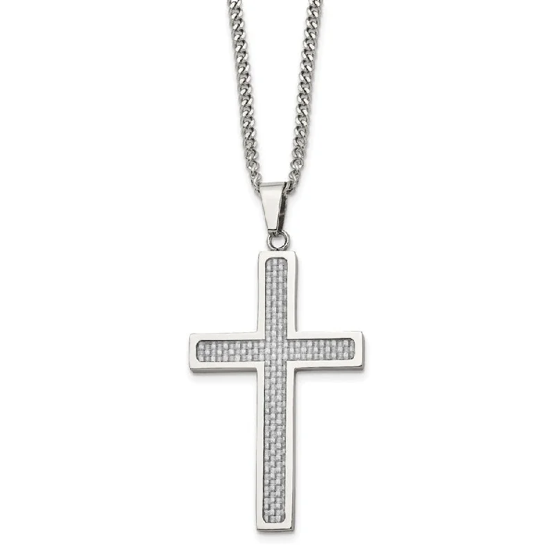 Chain Necklace with Pendant for Women-Stainless Steel & Gray Carbon Fiber Large Cross Necklace, 20 Inch