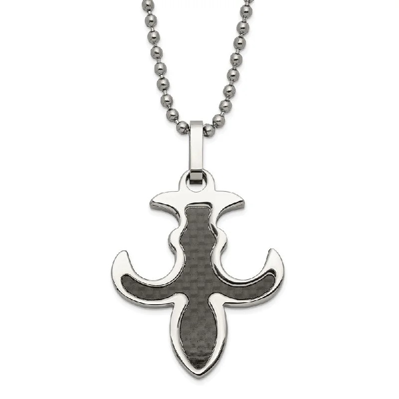 Dainty Necklace for Everyday Looks-Stainless Steel and Black Carbon Fiber Fleur de lis Necklace - 22 Inch