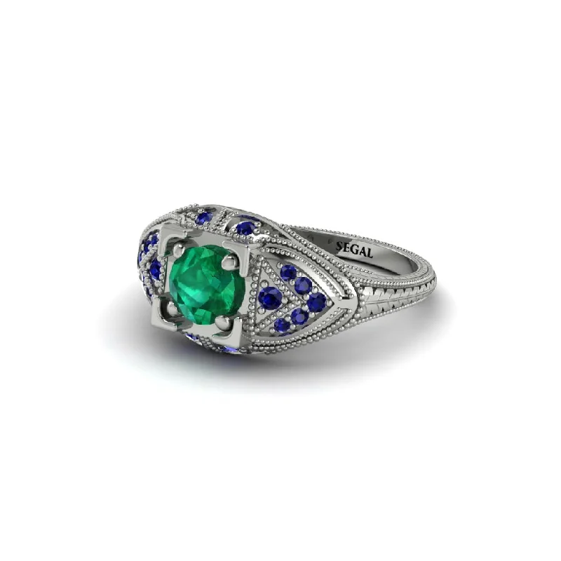 Solitaire Diamond Ring-Round Emerald Filigree Art Deco Vintage Engagement Ring - Bree No. 66