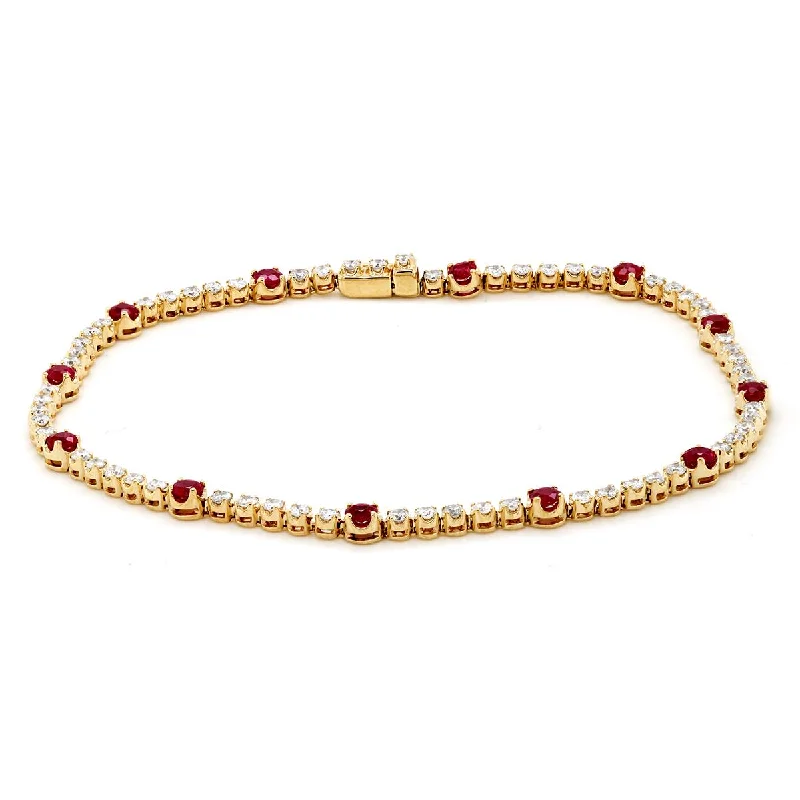 Multi-Gemstone Bracelet for Brides-YELLOW GOLD BRACELET WITH RUBIES AND DIAMONDS, 1.14 CT TW