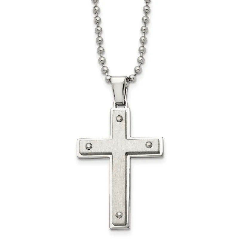 Custom Pendant Necklace for Special Gifts-Men's Stainless Steel Brushed & Polished Riveted Cross Necklace, 22 In