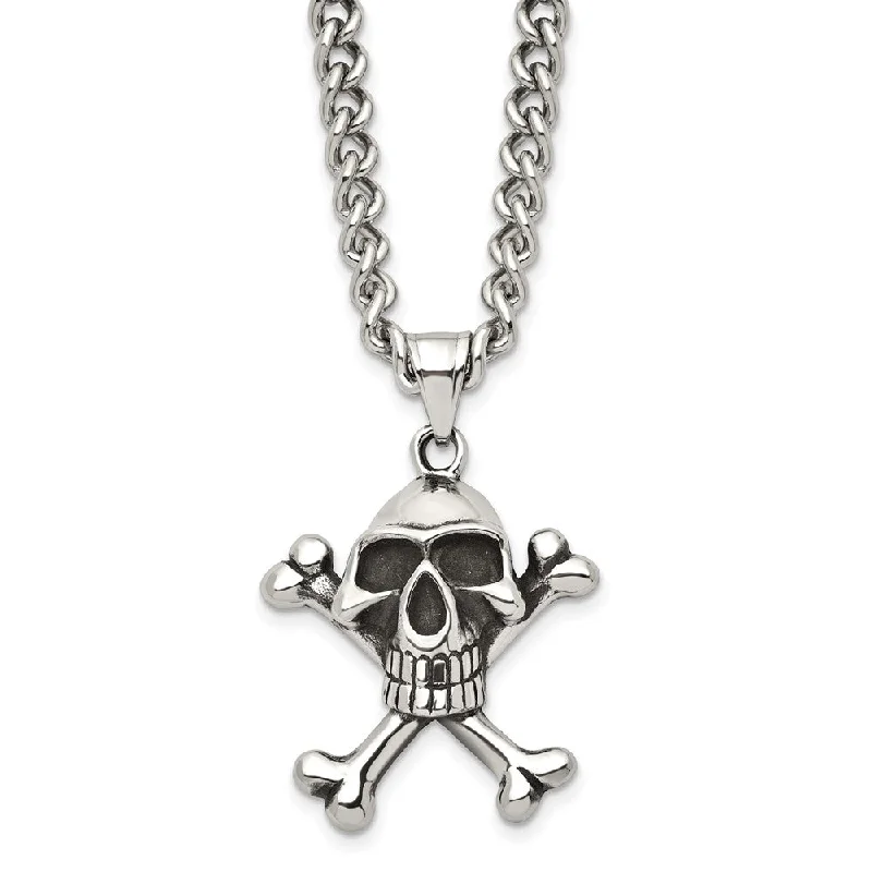 Chic Gold Necklace for Fashionistas-Stainless Steel Antiqued Skull and Crossbones Necklace 24 Inch