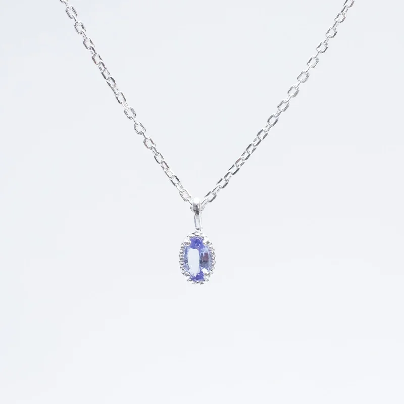 Simple Silver Necklace with Pendant-Silver Oval Milgrain Edge Tanzanite Necklace