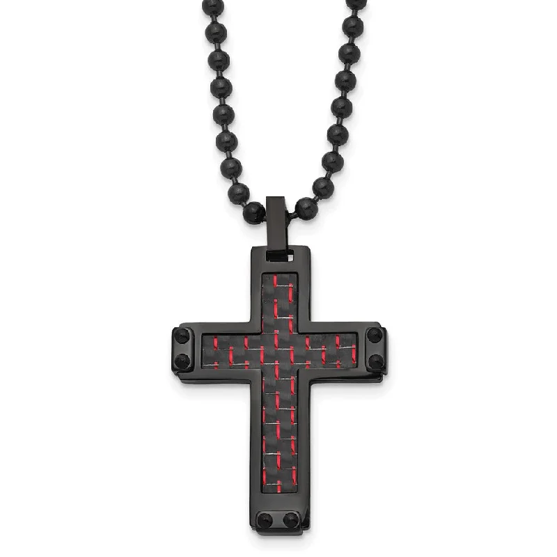 Simple Chain Necklace for Day-to-Day Look-Black Plated Stainless Steel Blk/Red Carbon Fiber Cross Necklace, 22in