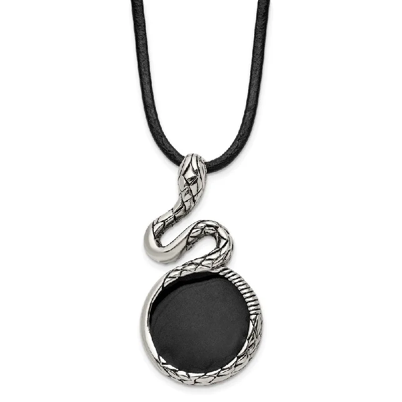 Chain Necklace with Pendant for Women-Men's Stainless Steel, Black Enamel & Leather Snake Necklace, 20 Inch