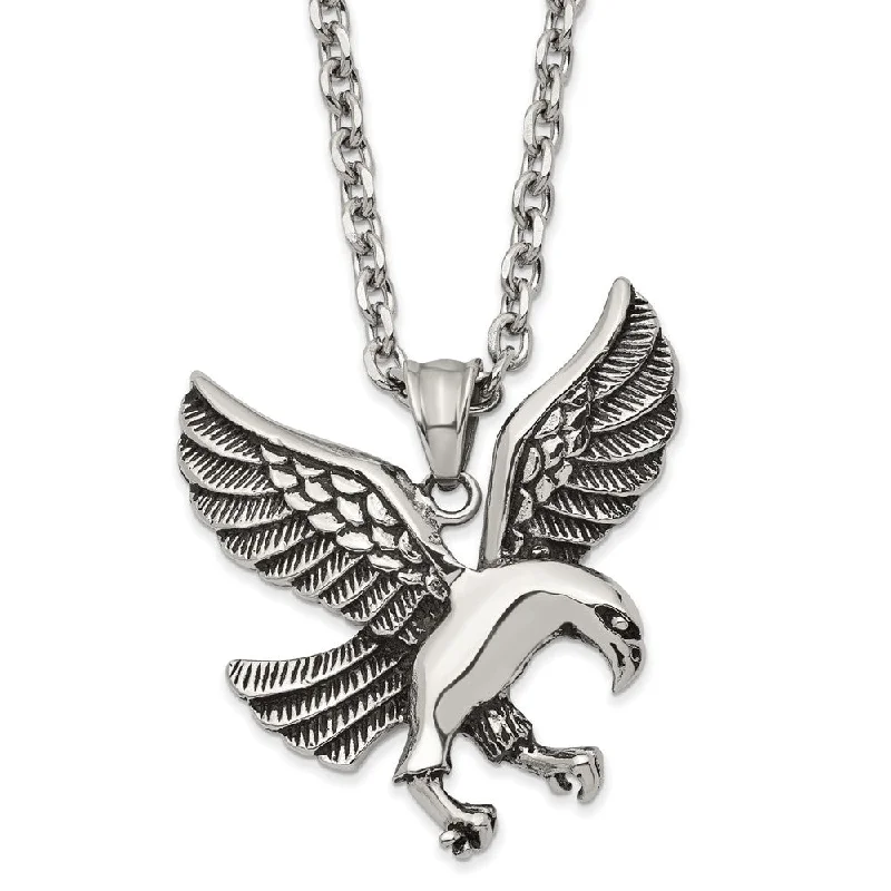 Beautiful Silver Necklace for Bridesmaids-Men's Stainless Steel Large Antiqued & Polished Eagle Necklace, 24 In