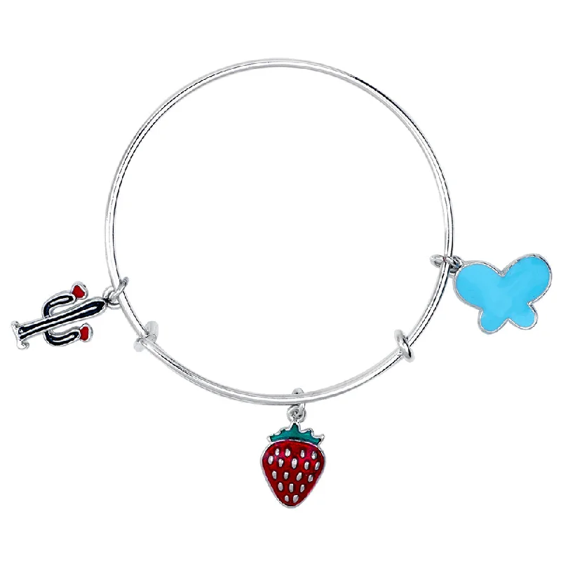 Diamond Bangles for Brides-Mahi Cactus, Butterfly & Strawberry Shaped Enamel Work Charm Bracelet with Rhodium Plated for Kids (BRK1100895R)