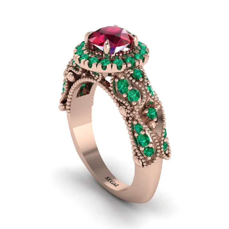 Custom Ring with Personalized Engraving-Exclusive Halo Ruby Milgrain Engagement Ring - Kendra No. 26