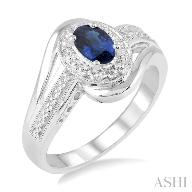 Simple Wedding Ring for Men and Women-6x4 MM Oval Cut Sapphire and 1/50 Ctw Round Cut Diamond Ring in Sterling Silver