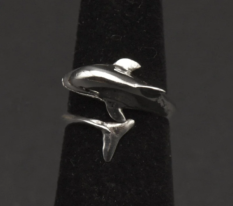 Classic Titanium Wedding Ring-Vintage Sterling Silver Dolphin Adjustable Bypass Ring