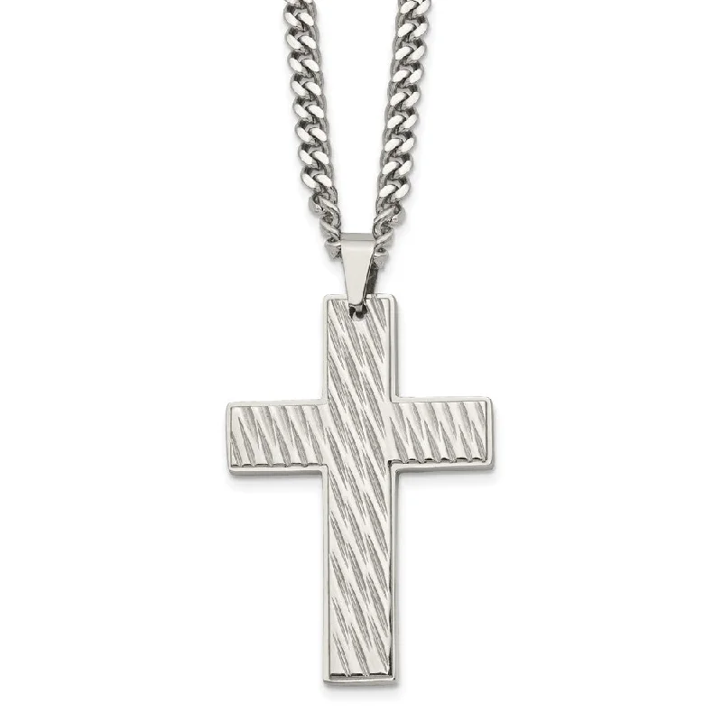 Silver Necklace with Large Pendant-Men's Stainless Steel Large Textured Cross Necklace, 24 Inch