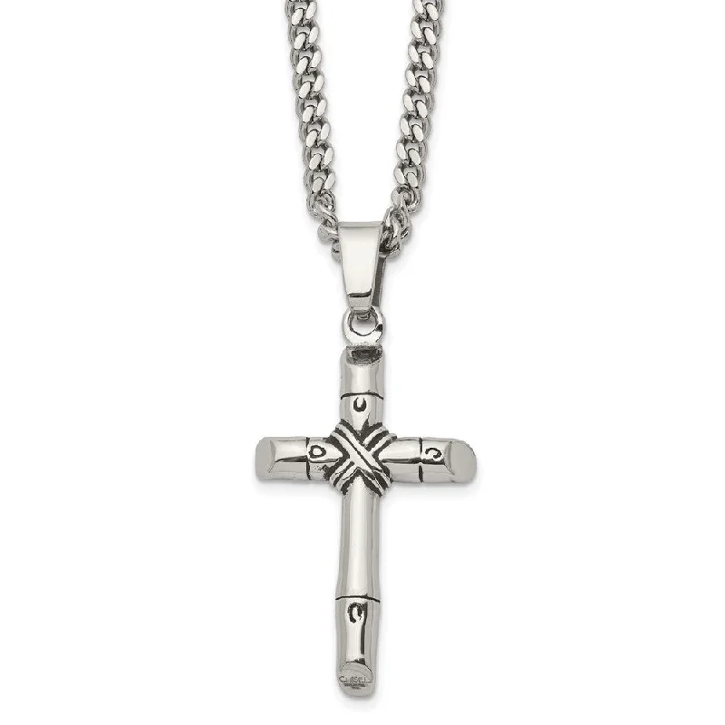 Handcrafted Necklace for Gifts-Men's Stainless Steel Antiqued Reversible Rope Cross Necklace, 24 In