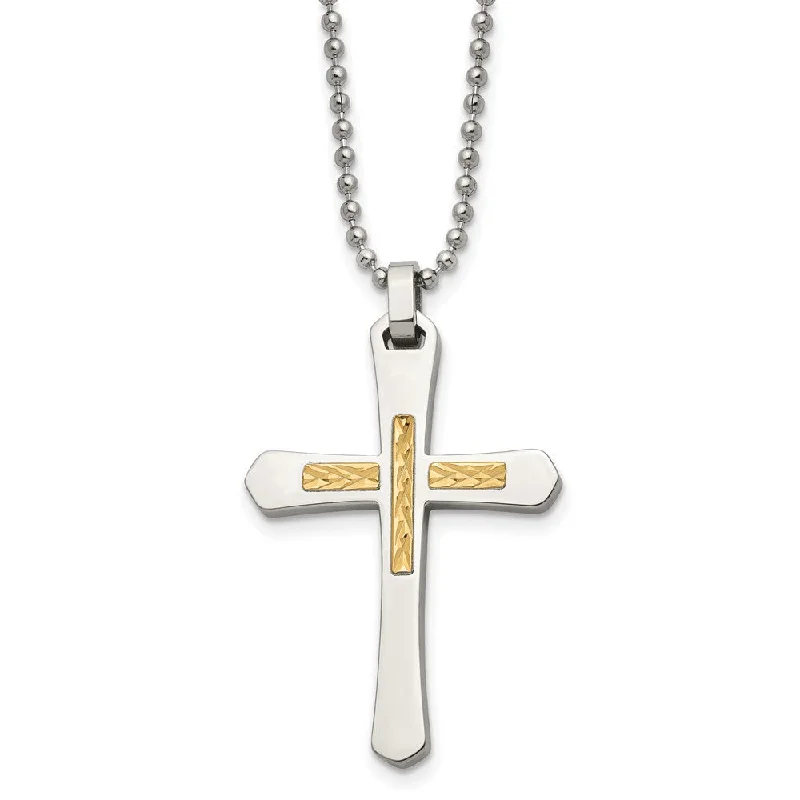 Long Necklace with Gemstones-Stainless Steel & 14k Yellow Gold Accent D/C Cross Necklace, 22 Inch