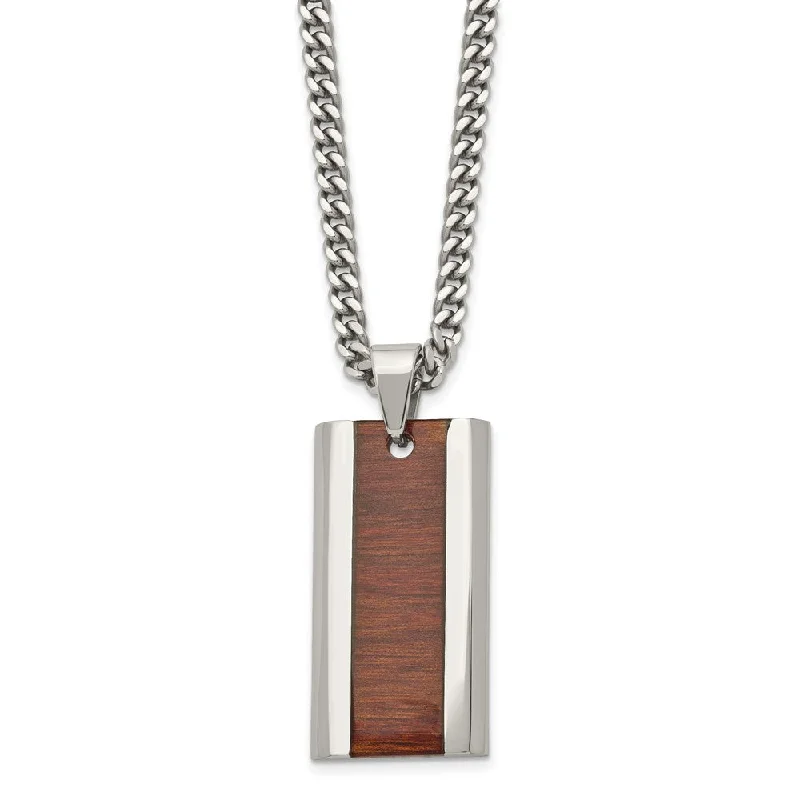 Long Chain Necklace for Layering-Stainless Steel & Red/Orange Koa Wood Inlay Enameled Necklace, 20 Inch