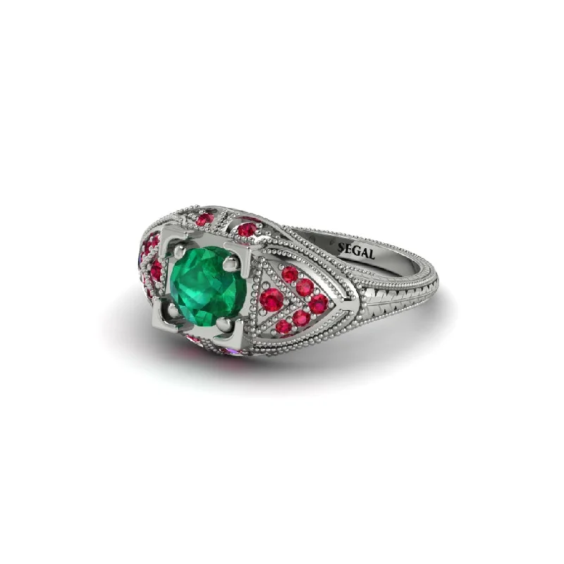 Large Gemstone Ring for Statement-Round Emerald Filigree Art Deco Vintage Engagement Ring - Bree No. 51