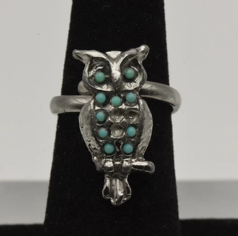 Customizable Gemstone Ring for Engagement-Vintage Owl with Faux Turquoise in Silver Tone Metal - Adjustable Size