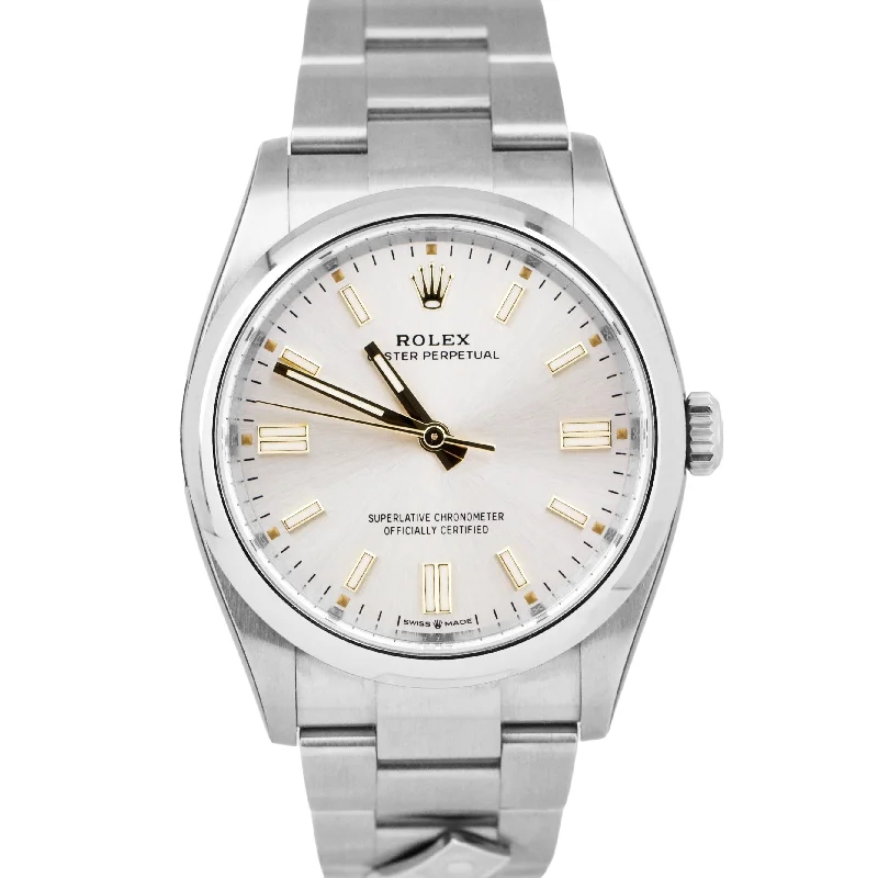 Elegant Watches for Brides-NEW STICKERED DOMINO'S 2020 Rolex Oyster Perpetual 36mm Silver Watch 126000 B+P