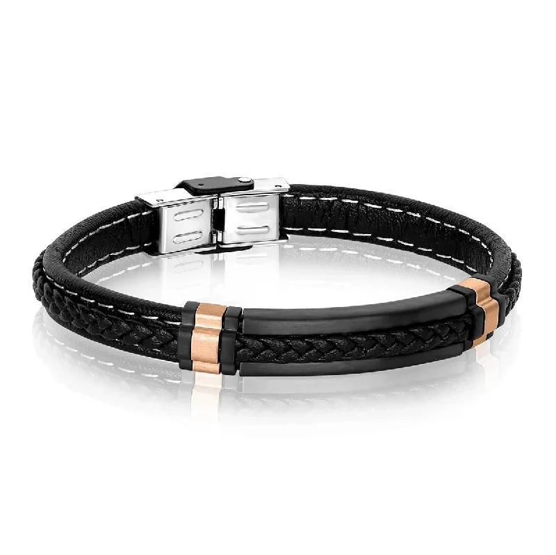 Trendy Boho Bracelet for Relaxed Style-MENS BLACK LEATHER BRACELET WITH ROSE STAINLESS STEEL ACCENTS