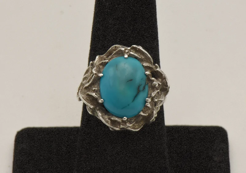 Antique Style Diamond Ring for Women-Vintage Turquoise Sterling Silver Ring - Size 7.75