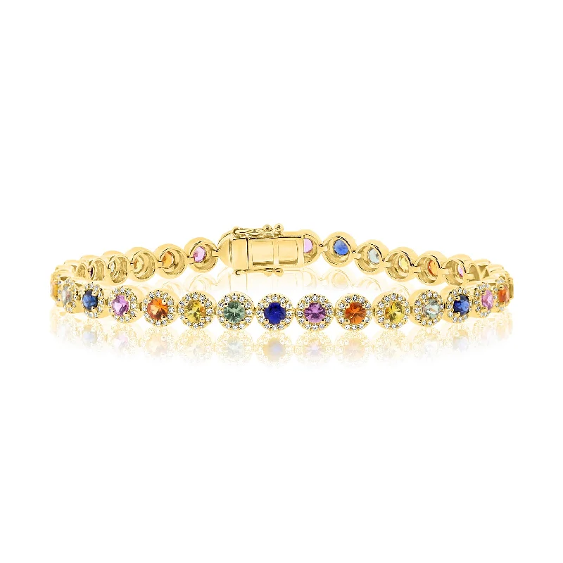 Elegant Tennis Bracelet for Women-14K Yellow Gold Diamond and Colored Gemstone Bracelet