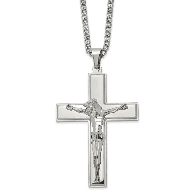 Silver Necklace with Colored Stones-Men's Stainless Steel Large Polished Crucifix Necklace, 24 Inch